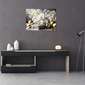 Tablou pe sticlă - Orhidee și bile aurii (70x50 cm)