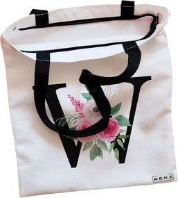 Sacosa de Panza pentru Cumparaturi, Geanta Tote, Cu litera W si Trandafiri, Cu fermoar, 38x34.5 cm, Alba, BEKZ®