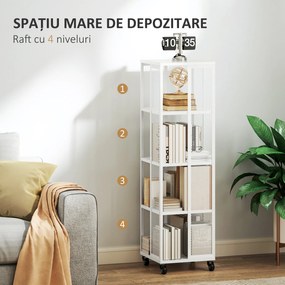 HOMCOM Bibliotecă Modernă cu 4 Rafturi și Roți, 35x35x129 cm, Alb | Aosom Romania
