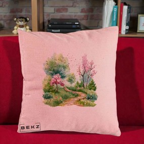 Perna Decorativa Gradina Primavara Acuarela, 40x40 cm, Roz, Husa Detasabila, Perna Inclusa, BEKZ®