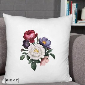 Perna Decorativa Buchet Trandafiri Bujori Botanical, 40x40 cm, Alb Pufos, Husa Detasabila, Perna Inclusa, BEKZ®