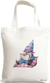 Sacosa de Panza pentru Cumparaturi, Geanta Tote, model The Bookish Gnome 2 38 x 34.5 cm, Alba, BEKZ®