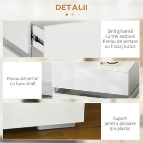 Noptieră cu LED HOMCOM | 2 Sertare cu Luciu | LED-uri RGB cu 16 Culori și 4 Moduri | Telecomandă | Alb | Aosom Romania