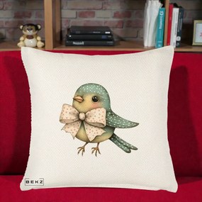 Perna Decorativa Pasare Teal cu Fundita cu Buline, 40x40 cm, Crem Reliefat, Husa Detasabila, Perna Inclusa, BEKZ®
