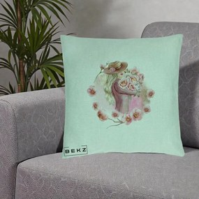 Perna Decorativa Femeie cu Flori Roz Acuarela, 40x40 cm, Verde Menta, Husa Detasabila, Perna Inclusa, BEKZ®