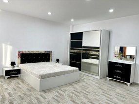 Dormitor Palermo, culoare alb / negru, cu pat tapitat 160 x 200 cm, dulap cu 2 usi, comoda cu oglinda, 2 noptiere
