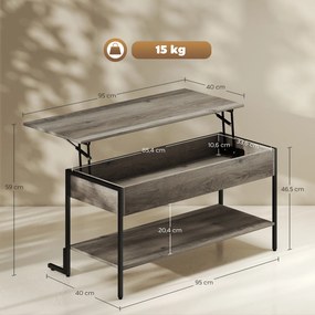 HOMCOM Masa de cafea cu blat rabatabil, masă de salon cu compartiment ascuns și raft deschis, 95x40x59cm, gri | Aosom Romania