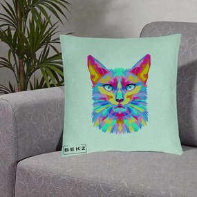 Perna Decorativa Pisica Pop Art Multicolor, 40x40 cm, Verde Menta, Husa Detasabila, Perna Inclusa, BEKZ®