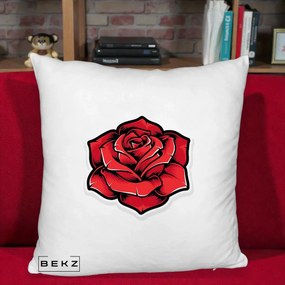 Perna Decorativa Trandafir Rosu Tattoo, 40x40 cm, Alb Pufos, Husa Detasabila, Perna Inclusa, BEKZ®