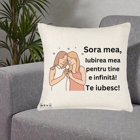 Cadou pentru Sora - Perna Personalizata Sora Mea Te Iubesc Imbratisare cu Sclipiri, 40x40 cm, Crem Reliefat, Husa Detasabila, Perna Inclusa, BEKZ®