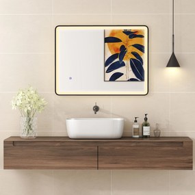 HOMCOM Oglindă baie LED Anti-aburire Oglindă machiaj dimabilă cu iluminare 80 x 60 cm Ramă neagră | Aosom Romania