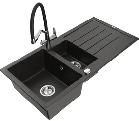 Mexen Andres chiuvetă din granit 1,5-compartimente cu scurgător și baterie Duo, negru/auriu metalic - 6515-75-671701-07