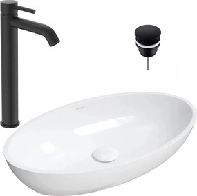 Pachet lavoar pe blat Omnires Siena M+ alb 60 cm, baterie lavoar Ideal Standard Ceraline negru si ventil lavoar Click-Clack negru
