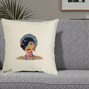 Perna Decorativa Portret Femeie Etnic Colorat, 40x40 cm, Ecru, Husa Detasabila, Perna Inclusa, BEKZ®