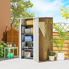 Outsunny Căsuță pentru Grădină 1.07m² din Oțel Galvanizat, Căsuță pentru Unelte cu Ușă Blocabilă, Acoperiș Înclinat, 142x86x189 cm, Imitatie Lemn | Aosom Romania