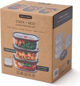 Set de 3 cutii pentru alimente Black+Blum Stack+Nest FBGR-BX-MPACK3, 0,9 l, dreptunghiulare, potrivite pentru cuptor, fără BPA, oțel inoxidabil, gri/roșu