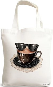 Sacosa de Panza pentru Cumparaturi, Geanta Tote, model Stylish Coffee 2 38 x 34.5 cm, Alba, BEKZ®