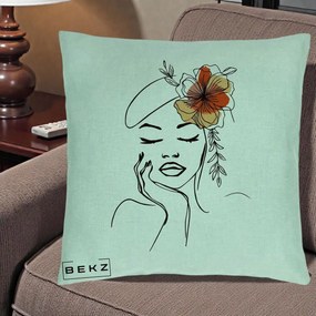 Perna Decorativa Portret Feminin Flori Palarie, 40x40 cm, Verde Menta, Husa Detasabila, Perna Inclusa, BEKZ®