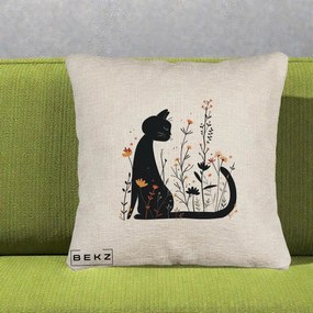 Perna Decorativa Pisica Neagra Flori Portocalii Silueta, 40x40 cm, Bej Canapea, Husa Detasabila, Perna Inclusa, BEKZ®