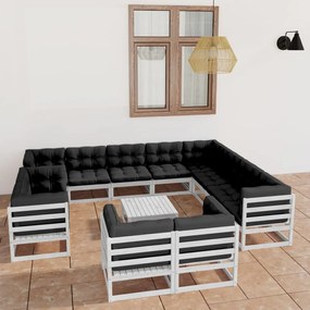 3077010 vidaXL Set mobilier de grădină cu perne, 13 piese, alb, lemn masiv pin