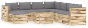 Set mobilier de gradina cu perne, 9 piese, lemn verde tratat Gri si maro, 9