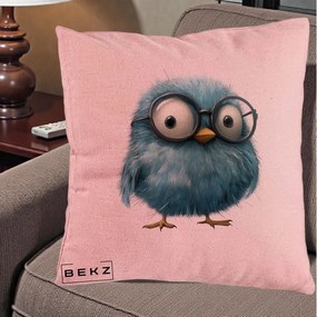 Perna Decorativa Pui Pufos Teal cu Ochelari, 40x40 cm, Roz, Husa Detasabila, Perna Inclusa, BEKZ®