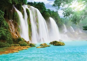 Fototapet - Cascada, munții și râu (254x184 cm)