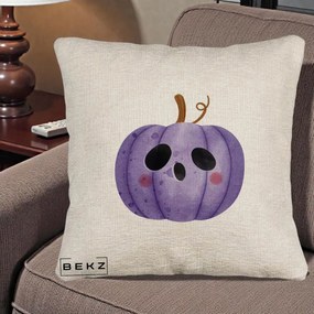 Perna Decorativa Dovleac Halloween Mov Kawaii, 40x40 cm, Bej Canapea, Husa Detasabila, Perna Inclusa, BEKZ®