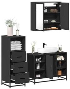 vidaXL Set mobilier de baie, 3 piese, negru, lemn compozit