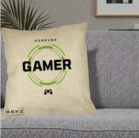 Perna Personalizata Forever Gamer, 40x40 cm, Crem, Husa Detasabila, Perna Inclusa, BEKZ®