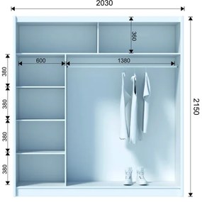 Dulap SANTINO cu oglindă, 203 x 215 cm, negru/stejar craft