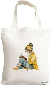 Sacosa de Panza pentru Cumparaturi, Geanta Tote, model The bookie girl 35 38 x 34.5 cm, Alba, BEKZ®
