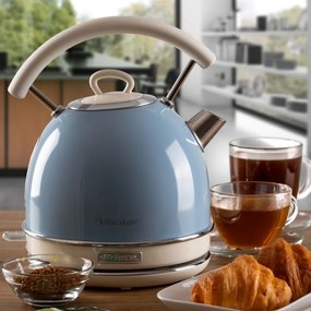Ceainic electric Ariete VINTAGE 2877/05, 2000W, 1.7 L, Corp din otel, Suprafata rece, Baza 360°, Albastru