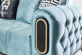 Canapea extensibila 3 locuri 225x89x90 cm – stofa albastra, detalii aurii – Salsa