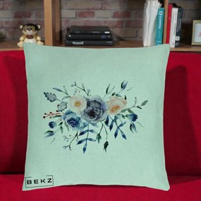 Perna Decorativa Buchet Flori Albastre Acuarela, 40x40 cm, Verde Menta, Husa Detasabila, Perna Inclusa, BEKZ®