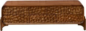 Comodă TV din lemn de mango cu 1 ușă și 3 sertare , natur, cu decor sculptat în relief și mânere din alamă, 150x32,5x160,5 cm, „Atlas"