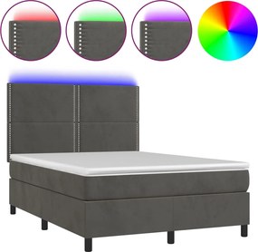 vidaXL Pat cu arcuri, saltea și LED, gri închis, 140x190 cm, catifea