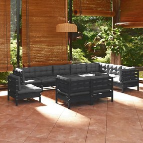 3096783 vidaXL Set mobilier de grădină cu perne 10 piese negru lemn masiv pin