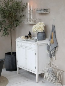 Dulap vintage shabby chic din lemn, alb, cu 2 uși, 1 sertar, 1 raft și panouri canelate, finisaj antichizat, 91,5 x 83 x 41 cm, „Étretat”