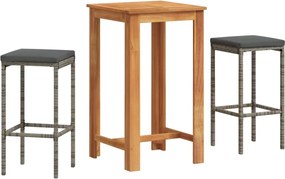 vidaXL Set bar de grădină, 3 piese, gri, lemn masiv acacia/ poliratan