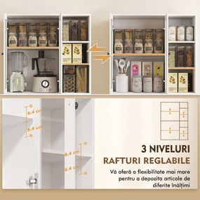 HOMCOM Bufet Bucătărie Înalt, Dulap Dispensa cu 4 Uși din Sticlă Soft-Close, 6 Rafturi Deschise, Rafturi Reglabile, Alb | Aosom Romania
