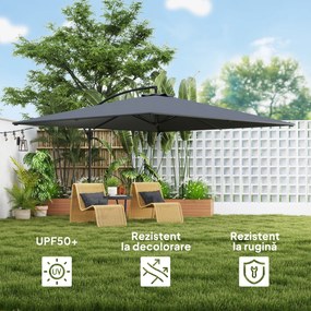 Outsunny Umbrelă Laterală cu Acoperiș Reglabil, Bază în Cruce, Orificii de Ventilație și Manivelă, 355x390x250 cm, Gri | Aosom Romania