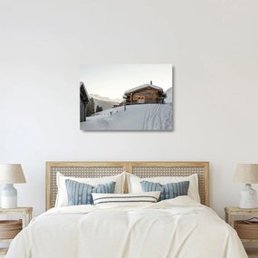 Tablou pe sticlă - cabana montană în zăpadă (70x50 cm)