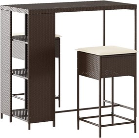vidaXL Set bar de grădină, 3 piese, cu perne, maro, poliratan