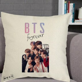 Perna Personalizata K-pop BTS Forever cu Foto Grup Negru, 40x40 cm, Ecru, Husa Detasabila, Perna Inclusa, BEKZ®