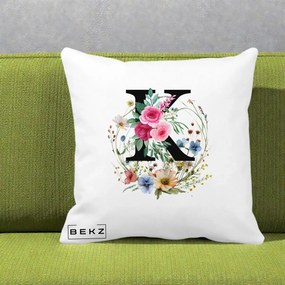 Cadou Personalizat - Perna Personalizata Monogram Litera K cu Flori Acuarela, 40x40 cm, Alba Mata, Husa Detasabila, Perna Inclusa, BEKZ®