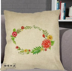 Perna Decorativa Coroana Florala Acuarela, 40x40 cm, Crem, Husa Detasabila, Perna Inclusa, BEKZ®