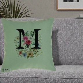 Cadou Personalizat - Perna Personalizata Monogram Litera M cu Flori Acuarela, 40x40 cm, Verde, Husa Detasabila, Perna Inclusa, BEKZ®
