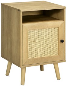 HOMCOM Noptieră cu Ușă de Ratan Masă Auxiliară pentru Dormitor Sufragerie Pat 39x35x60 cm Lemn Natural | Aosom Romania