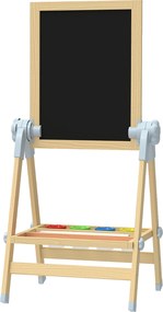 AIYAPLAY Șevalet pentru copii cu tablă dublă pentru cretă și markere, tablă magnetică și tăviță pentru accesorii, rolă de hârtie inclusă, lemn natur | Aosom Romania